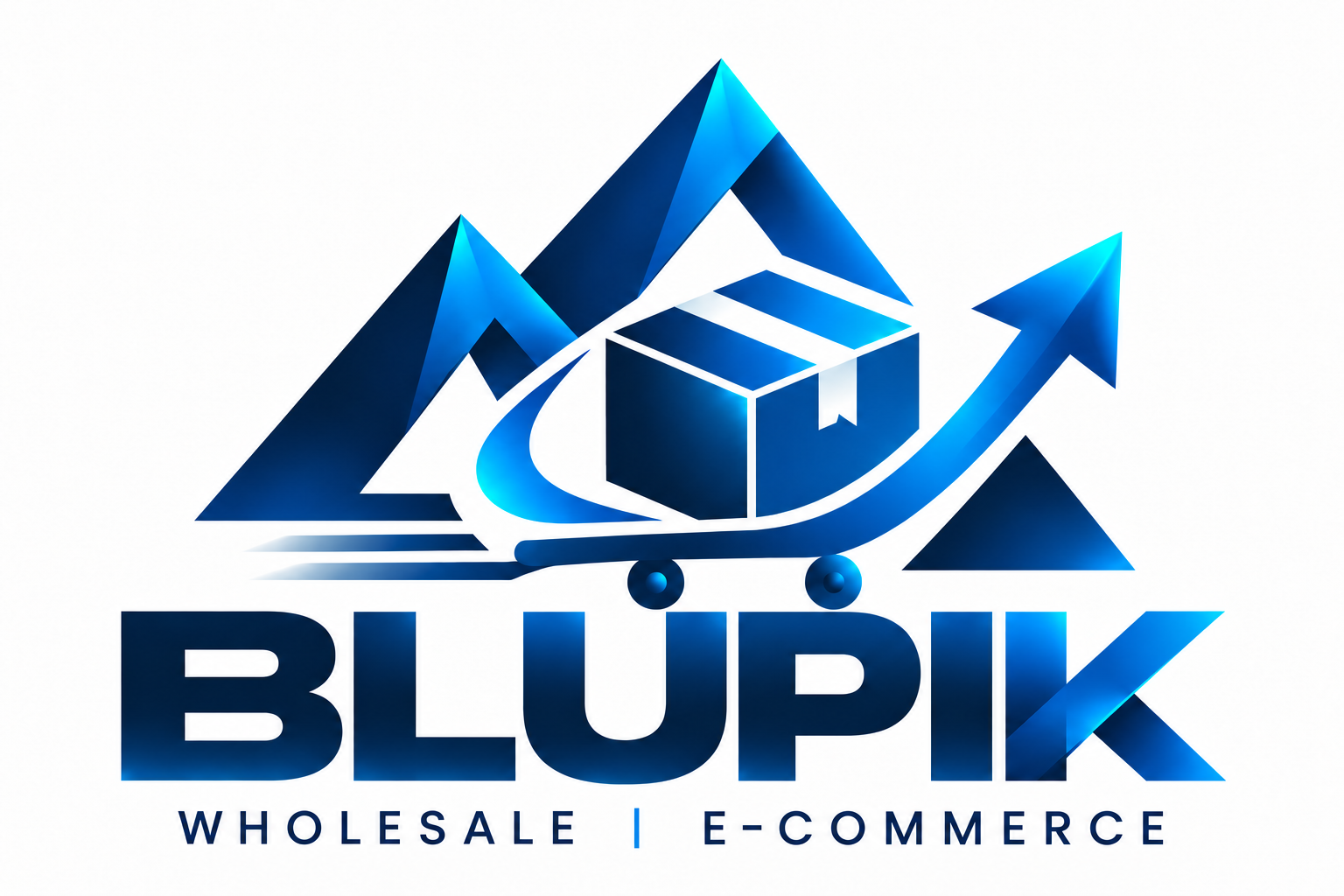 BLUPIK: mountain, product box and rising arrow. Wholesale and E-Commerce.